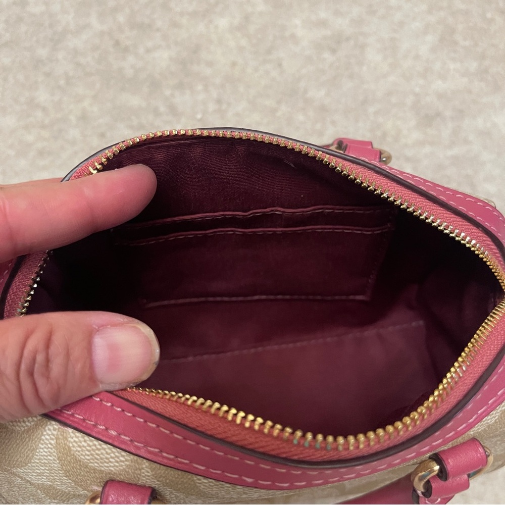 Coach Mini Rowan Signature Tan Canvas Pink Rogue Leather Trim Crossbody Bag - Picture 11 of 17